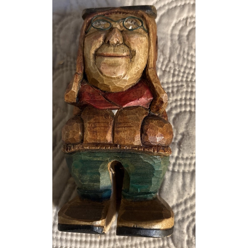 Hand Carved Wood Caricature Sculpture of Old Timer Pilot, Artist signed & dated
